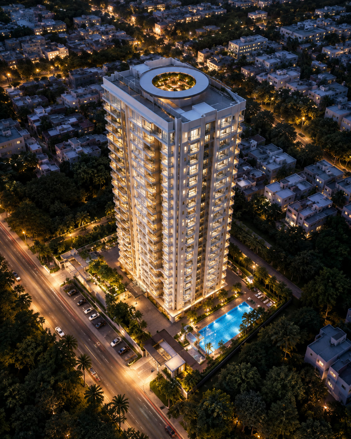 Samruddhi Sunshine &mdash; aerial view over the pool deck at night