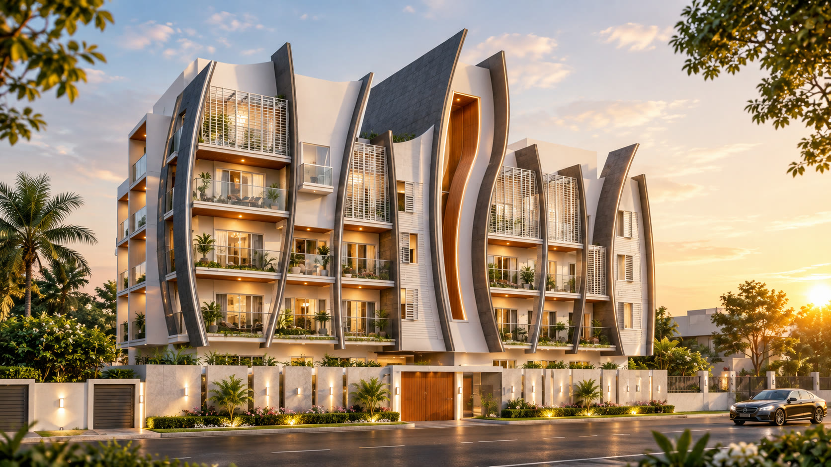 Think Frazer &mdash; curved stone fins wrapping the facade at sunset