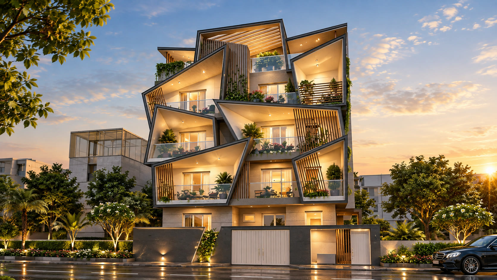 East Bourne &mdash; folded-plate balconies at dusk