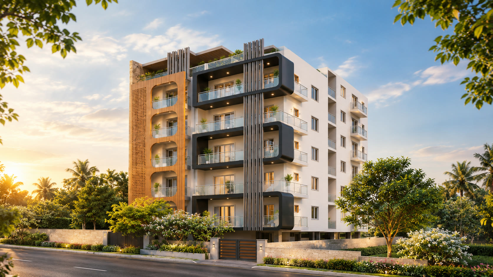 TechVille &mdash; wood-lined balconies on a contemporary elevation