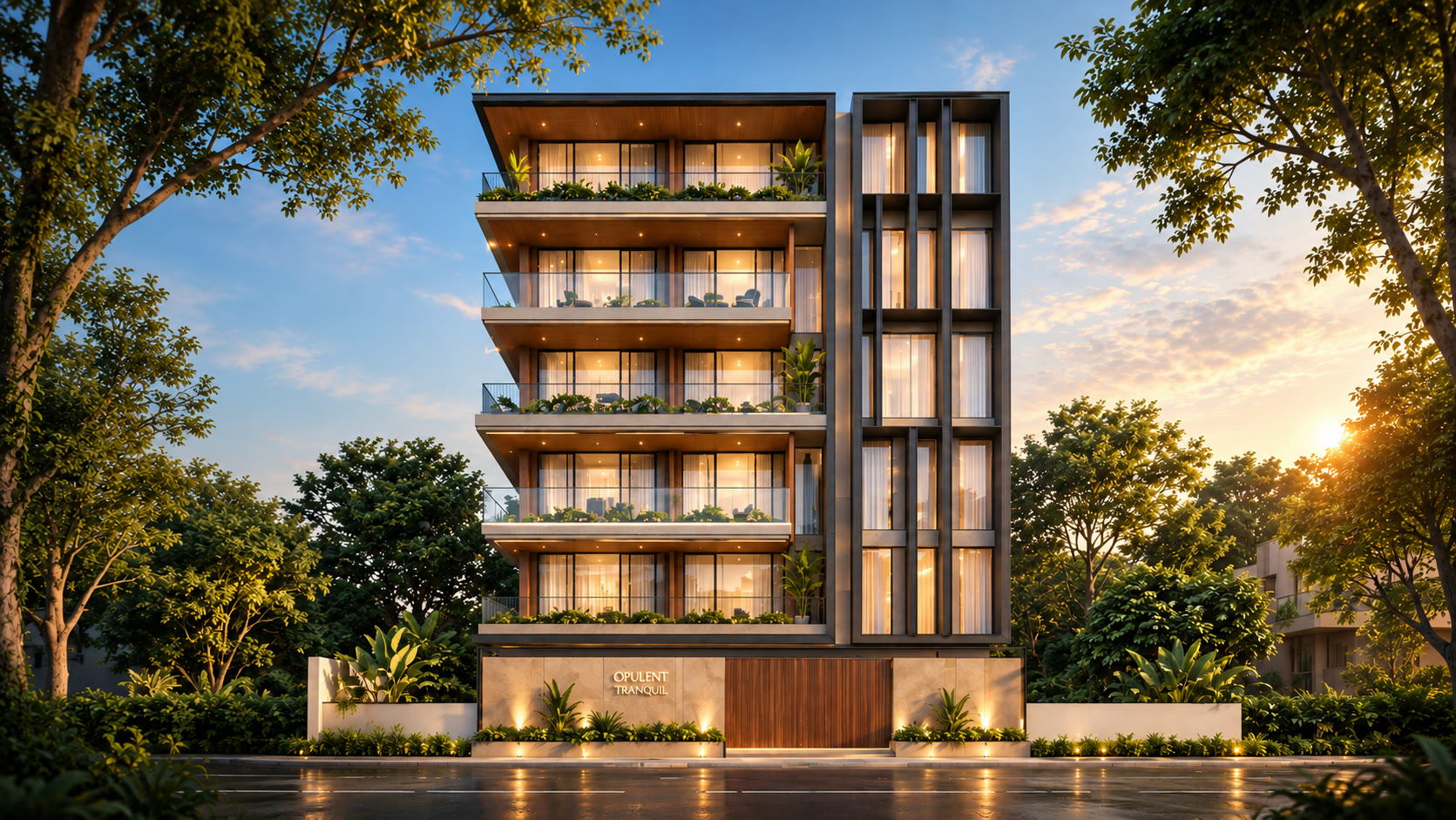 Tranquil &mdash; front elevation at golden hour